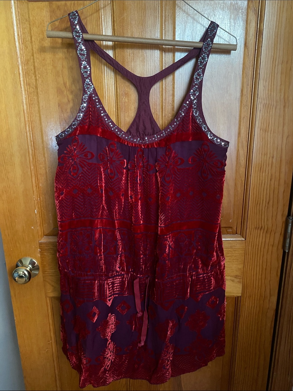Free People Red Velvet Embroidered Tank Chemise